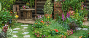 garden with stone path in front of house