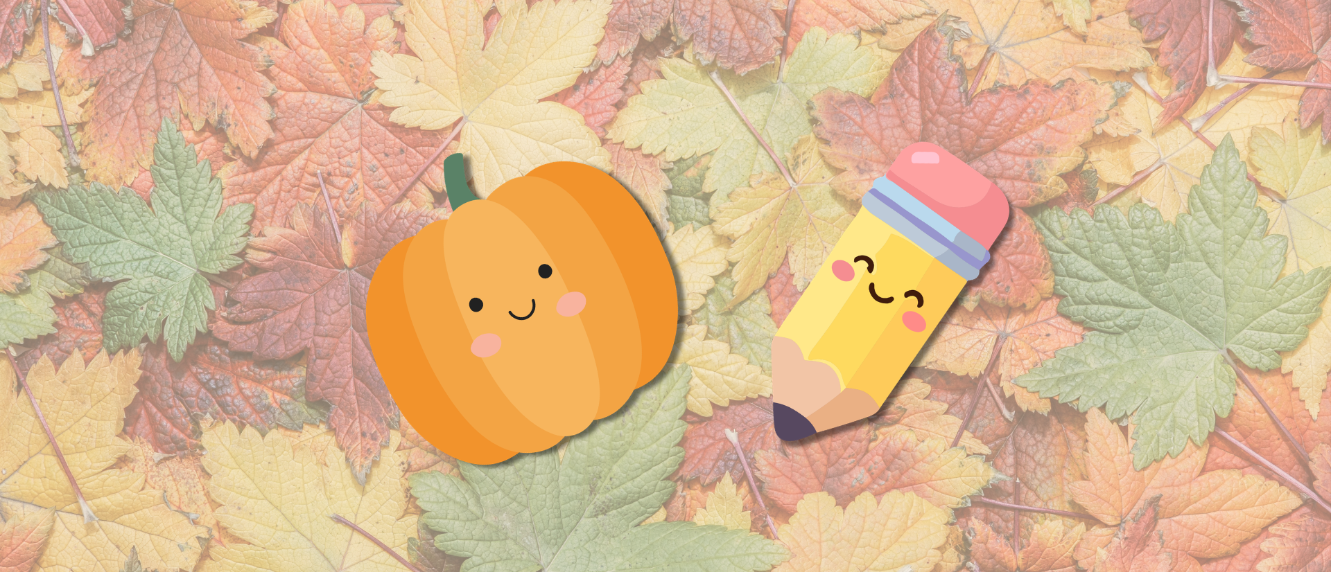 illustration of a smiling pumpkin and pencil on top of a picture of autumn leaves