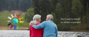 Older couple sitting on a bench. Overlaid is a cancer awareness graphic and the words "Don't wait to check on what's important."